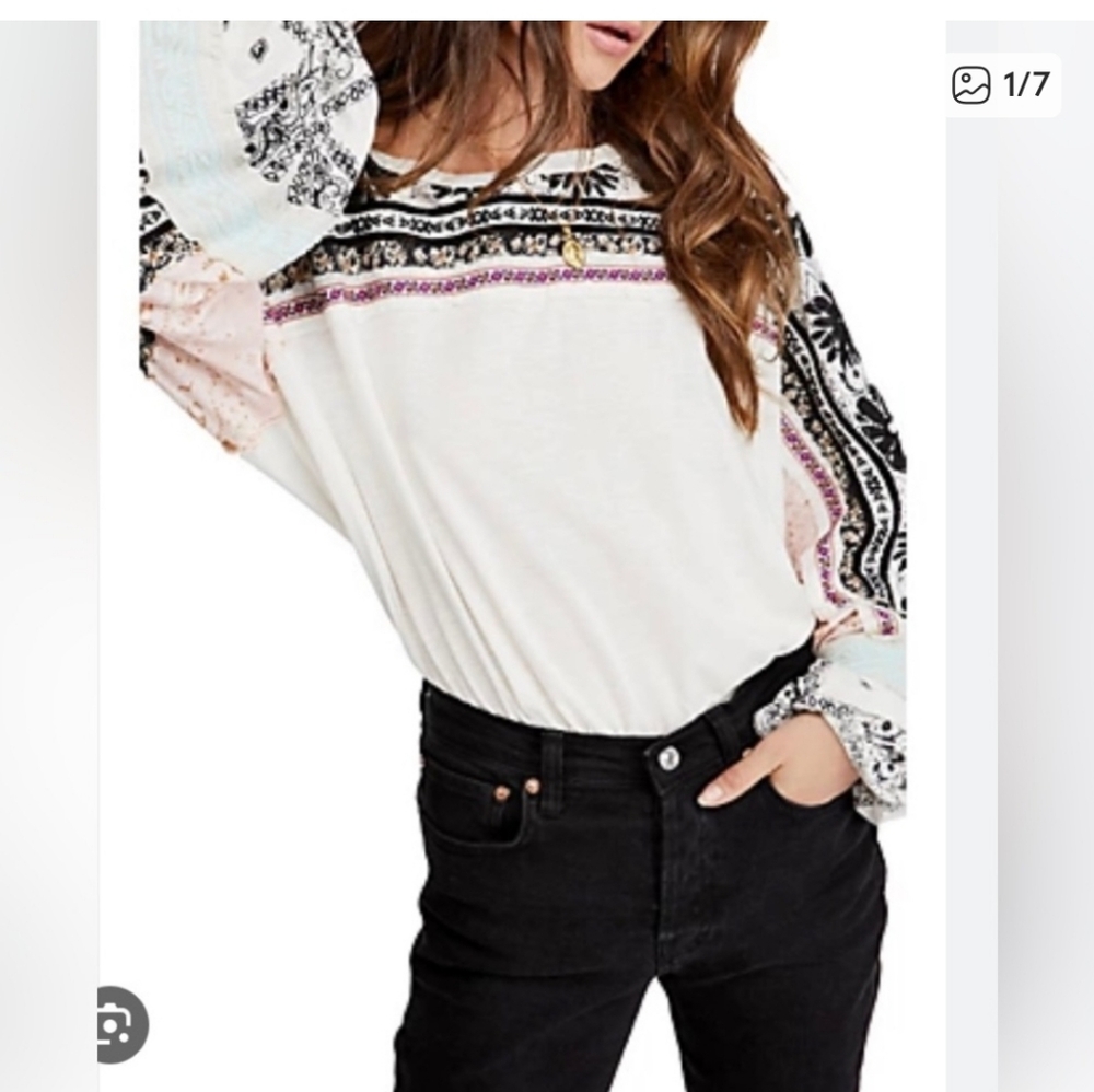 Free People Tripoli Slouchy Embroidered Boho Linen Blend Top Size XS